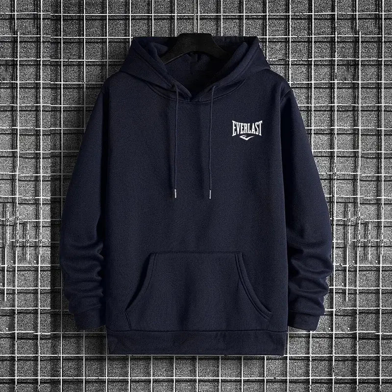 Men everlast logo hoodie fleece casual pullover in dark navy blue with a white embroidered logo on the chest and matching drawstrings.