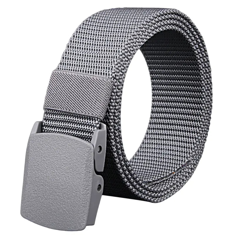 Gray mesh mens tactical canvas belt with a lightweight automatic matte gray plastic buckle.