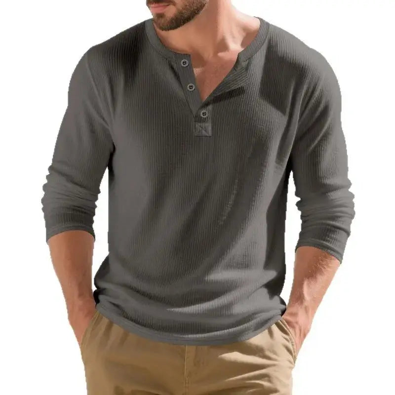 Men's T Shirt Spring Button Long Sleeve Henley Neck T-Shirt Solid Color Casual Breathable Versatile Tops Fashion Slim T-Shirts