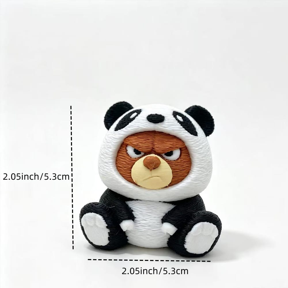 A plush panda figurine with a fierce expression wearing a black and white panda jacket resembling a hoodie shown from the front as a plastic collectible figurine.
