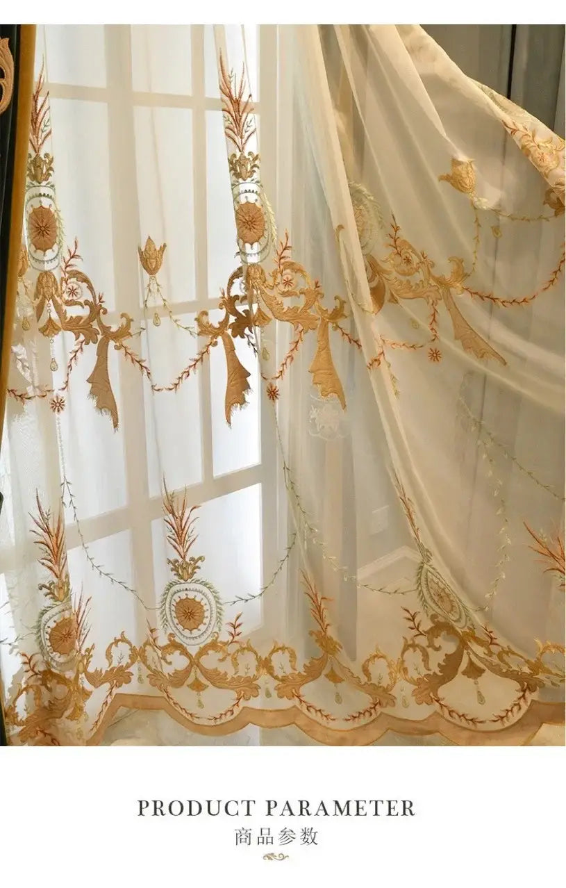 elegant cream-colored sheer curtain with intricate gold floral and scrollwork embroidery featured in french green velvet embroidered curtains with tassel tieback beads.