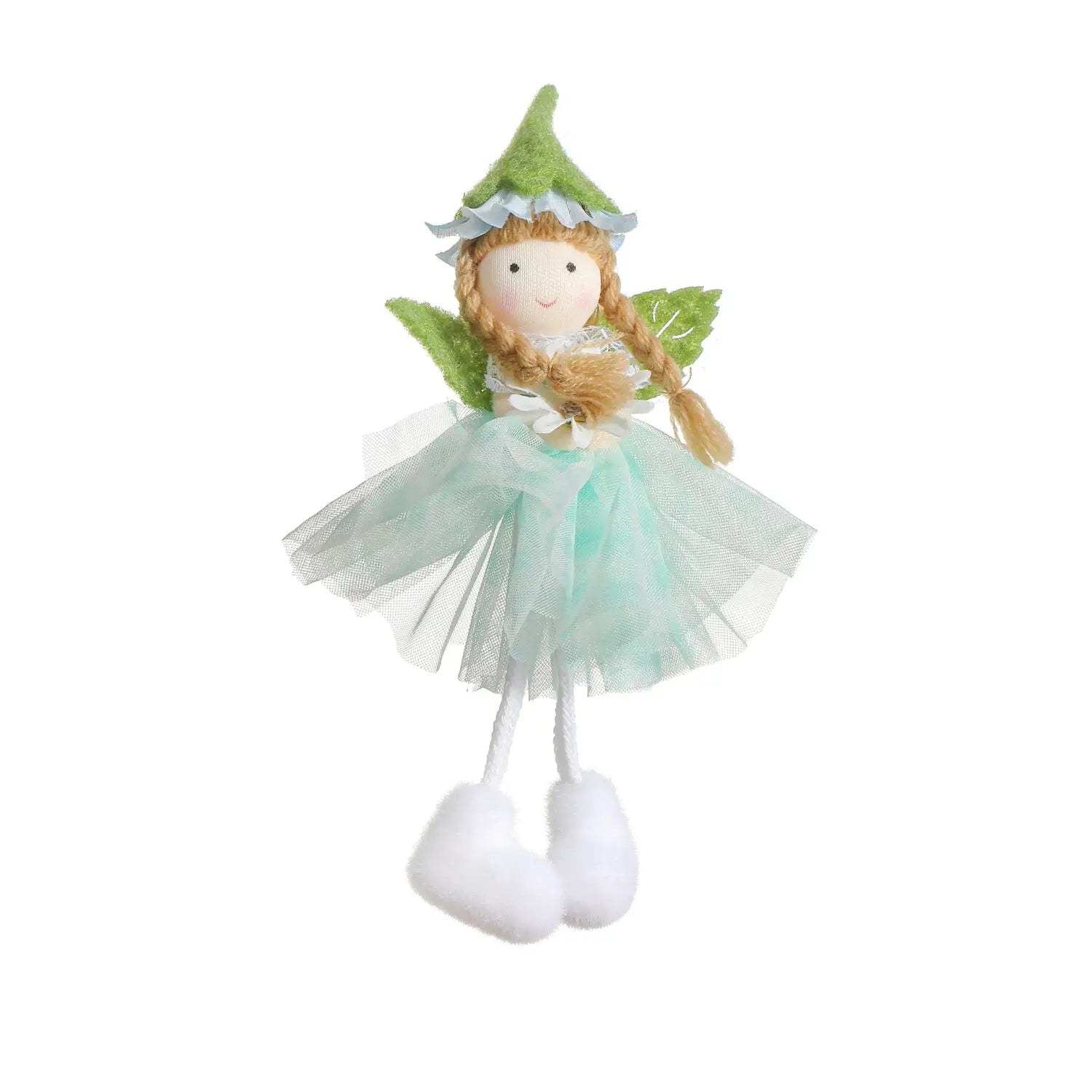a delicate fairy doll ornament with braided blonde hair wearing a mint green tulle skirt and matching pointed hat adorned with lace trim from the easter fairy hanging ornaments 4-pack