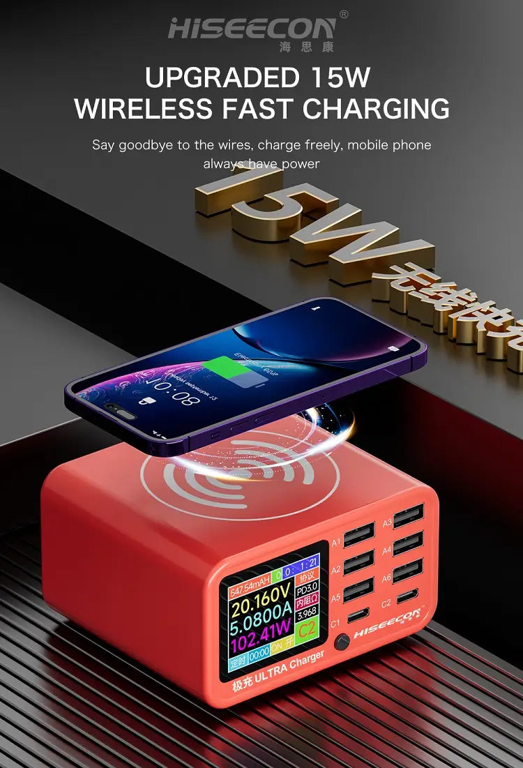 Red rectangular wireless fast charging station with multiple usb ports and a digital display showing charging metrics ideal as a desktop charging station and charging block.