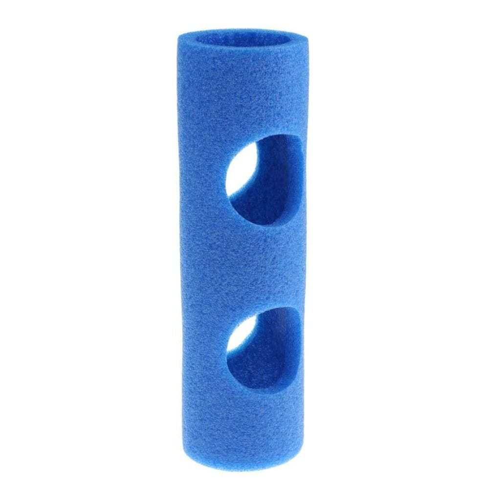 Blue cylindrical foam pool noodle connector with two circular cutouts designed as a training aid and float holder.