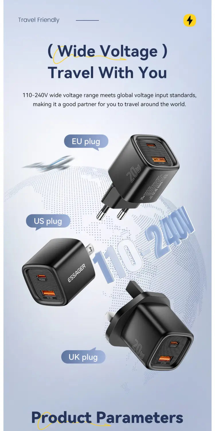 Black Essager 20w USB C fast wall charger with dual USB ports and interchangeable EU US or UK plugs designed for travel use.