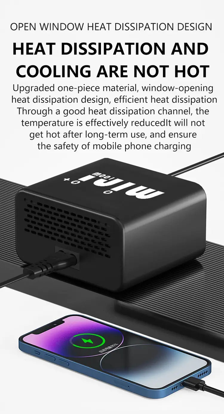 Black rectangular desktop charging station with vented design and miiw branding featuring a digital display for 100w multi port charging.