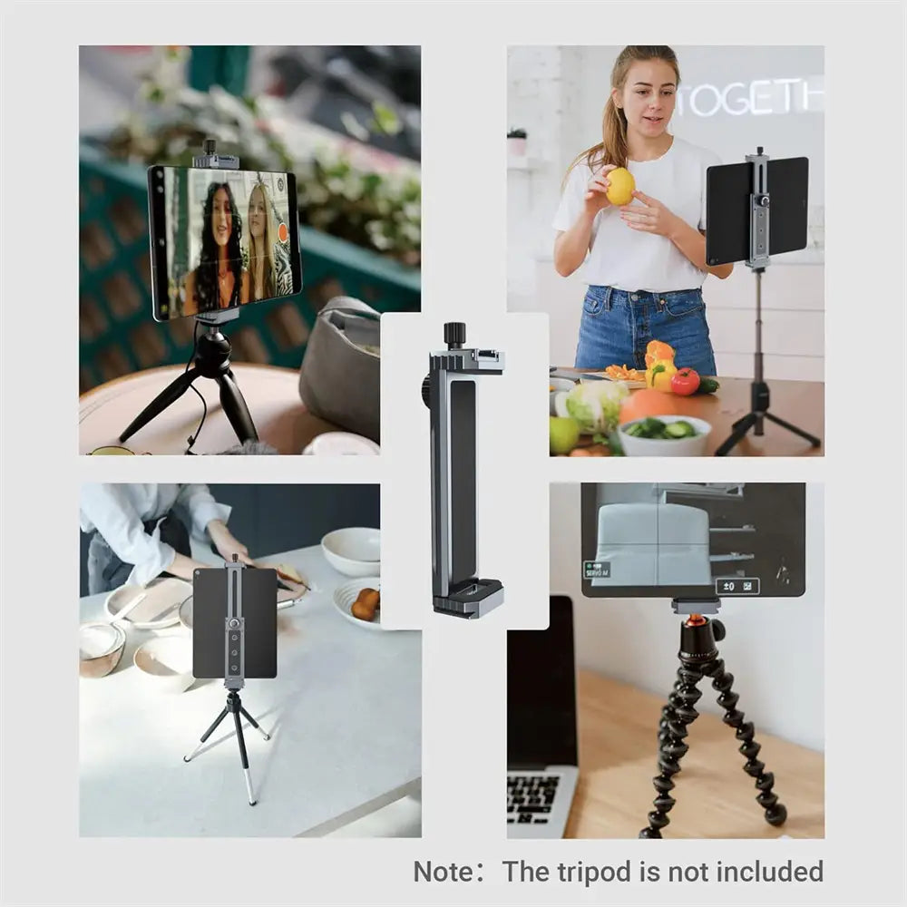 Black and silver aluminum tripod mount adapter with an adjustable clamp mechanism for secure device holding as a universal tripod mount.