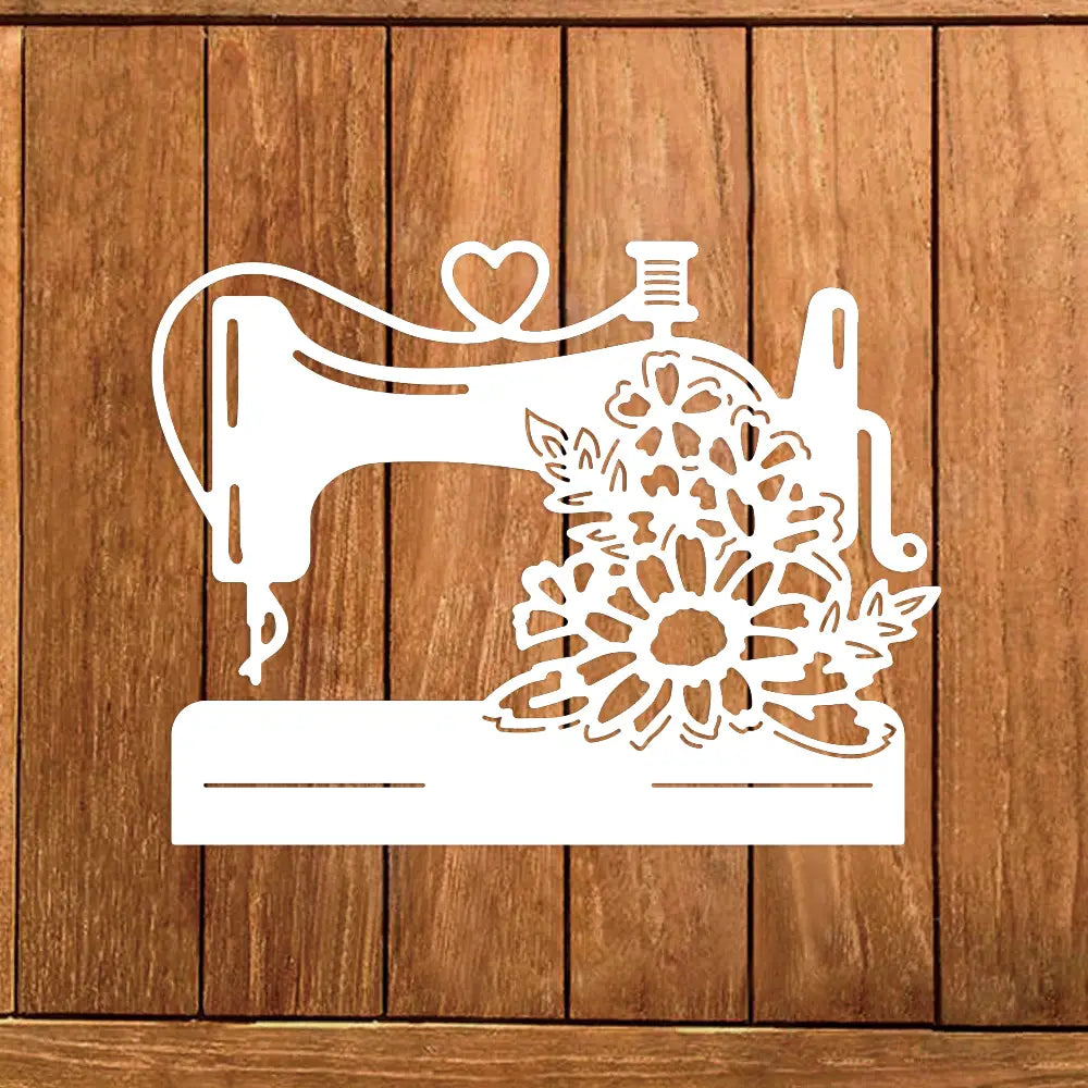 white metal cutting die featuring a laser-cut vintage sewing machine with intricate floral cutouts and a heart detail for chinese new year craft projects