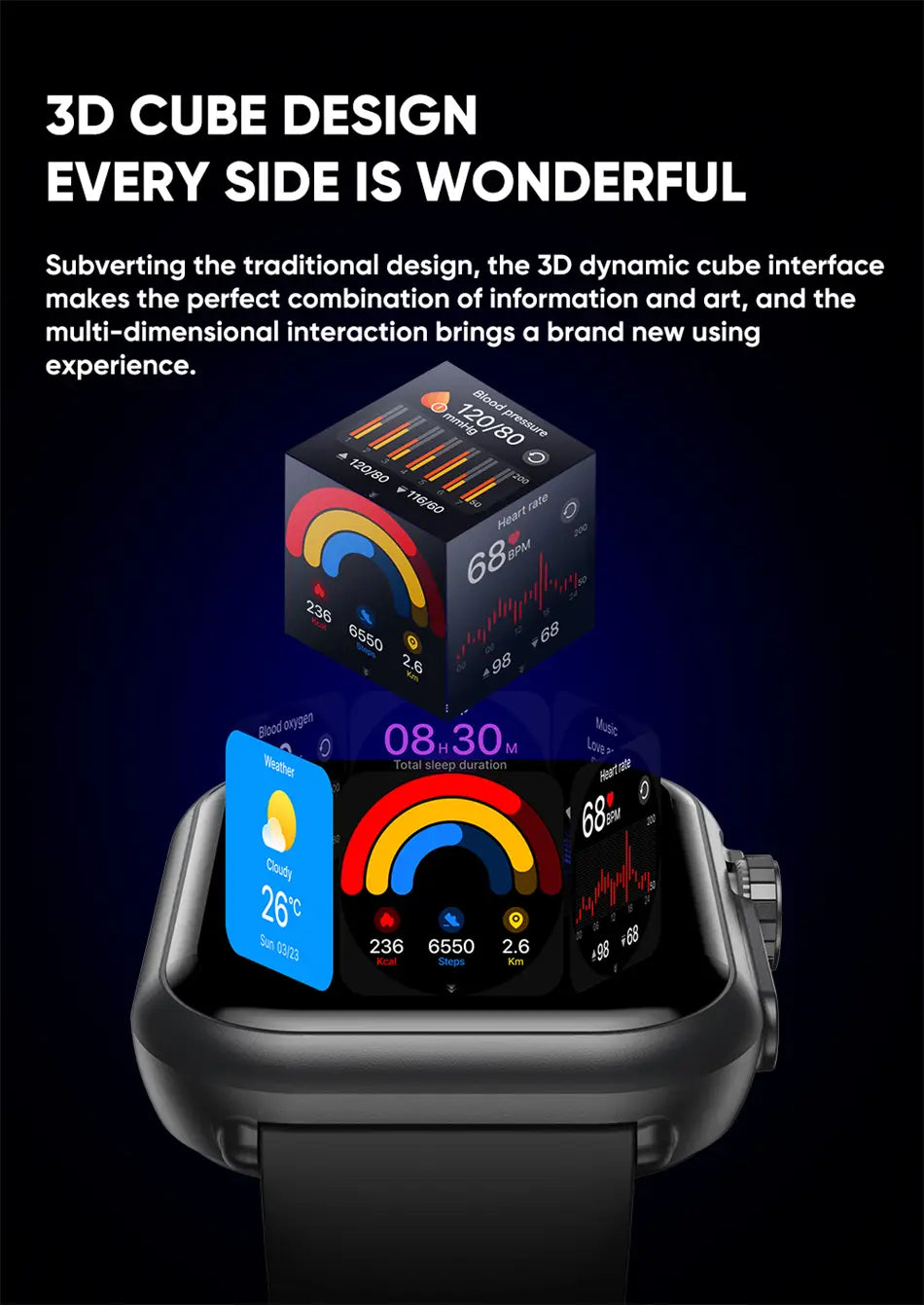 Schwarzer AMOLED-Bluetooth-Smartwatch-Fitness-Tracker mit IP68-Einstufung und einer 3D-Würfel-Designschnittstelle, die Gesundheits- und Fitnessmetriken auf dem Display anzeigt.