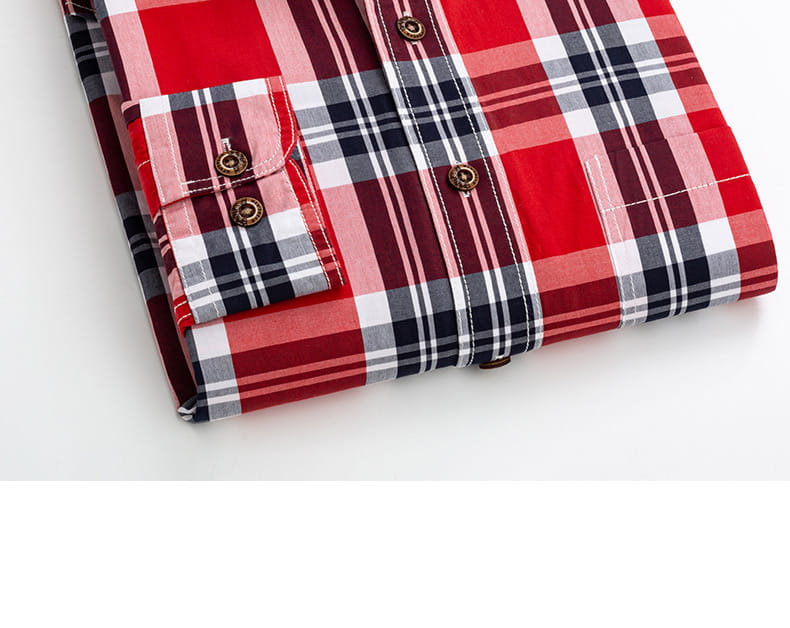 Men’s cotton plaid long sleeve slim fit shirt in red black white and gray with brass buttons.