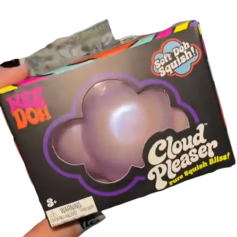 A lavender cloud-shaped soft doh squishy toy named cloud plexer in branded packaging from Needoh