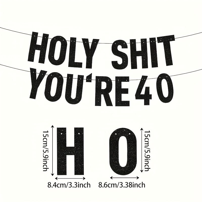 Bandera decorativa de cumpleaños de aniversario negro con letras negras brillantes y con textura, en destellos, que dicen «¡joder, tienes 40!», para decoración de fiesta.