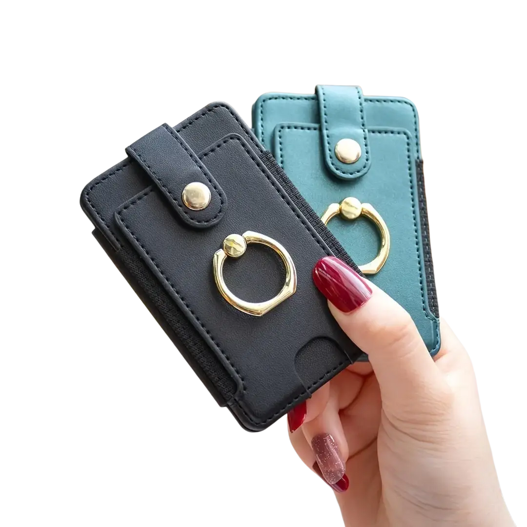 Black and teal leather universal ring small card holder for smartphones with gold-tone finger rings visible from front angle