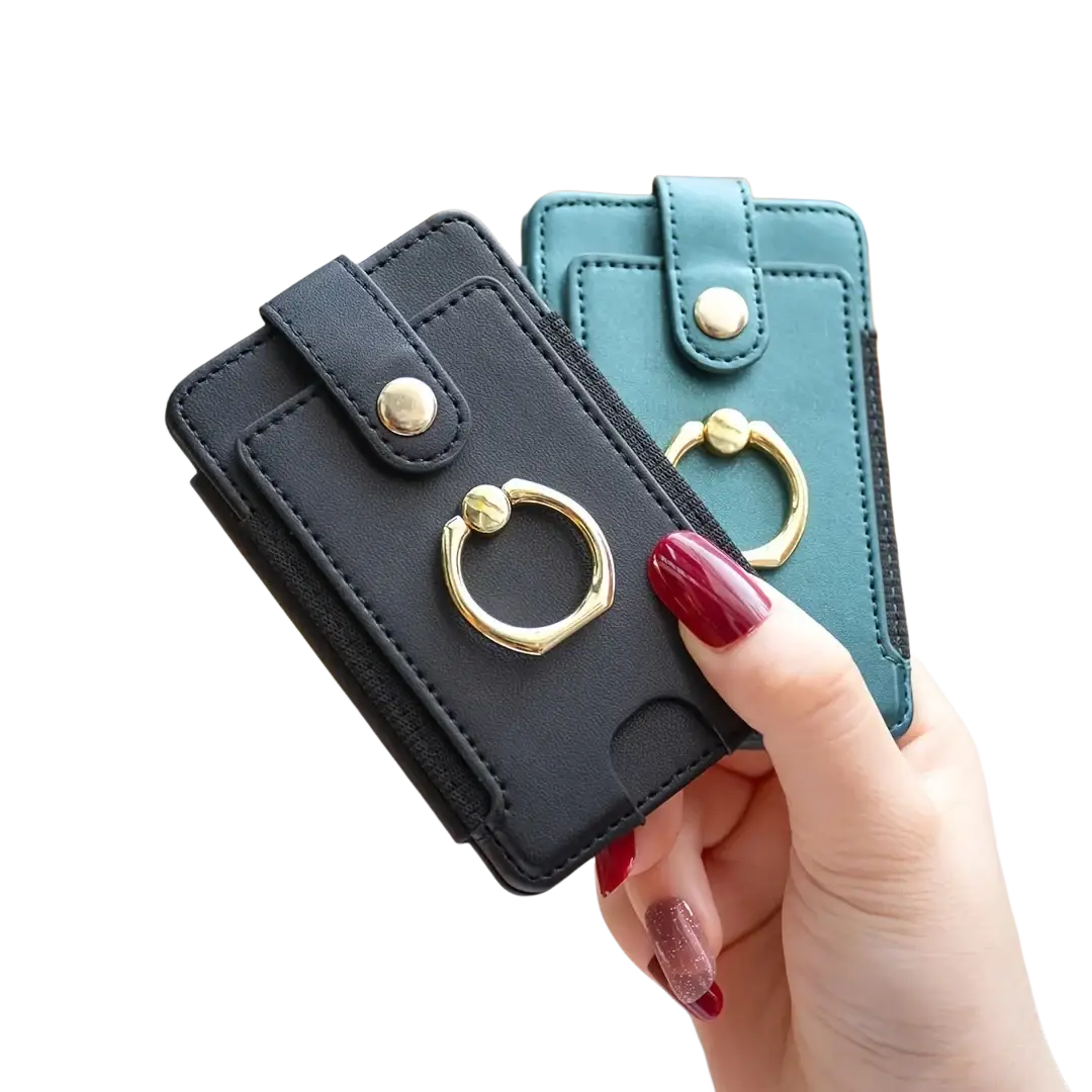 Black and teal leather universal ring small card holder for smartphones with gold-tone finger rings visible from front angle