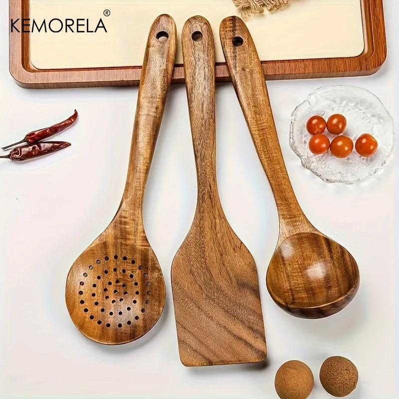 Wooden Kitchen Utensils Set 3PCS Acacia Wood Cooking Utensils Non-Stick Heat-Resistant Easy to CleanNatural Wooden Cooking Tools