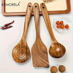 Wooden Kitchen Utensils Set 3PCS Acacia Wood Cooking Utensils Non-Stick Heat-Resistant Easy to CleanNatural Wooden Cooking Tools