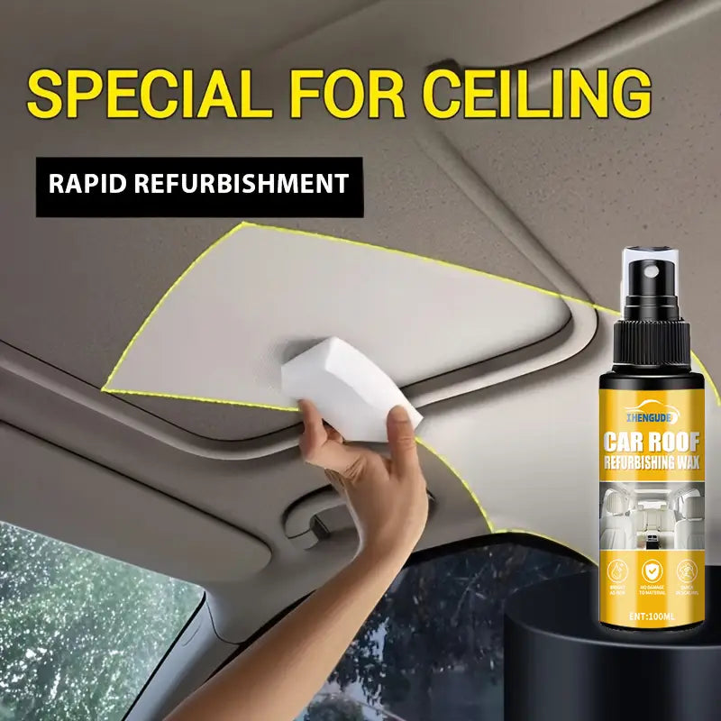 銀色のノズルに「dengude car roof refurbishing wax（デングデ カールーフ リファービッシュ ワックス）」と表示された、洗練された黒色のスプレーボトルが、画像の右側に「自動車用内装ディテイリングスプレー」および「レザークリーナー」として取り上げられています。