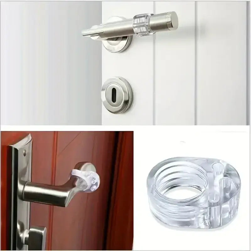 Pare-chocs mural pour poignée de porte transparent, avec un verrou de sécurité en plastique transparent comprenant un corps cylindrique transparent et une extrémité en métal.