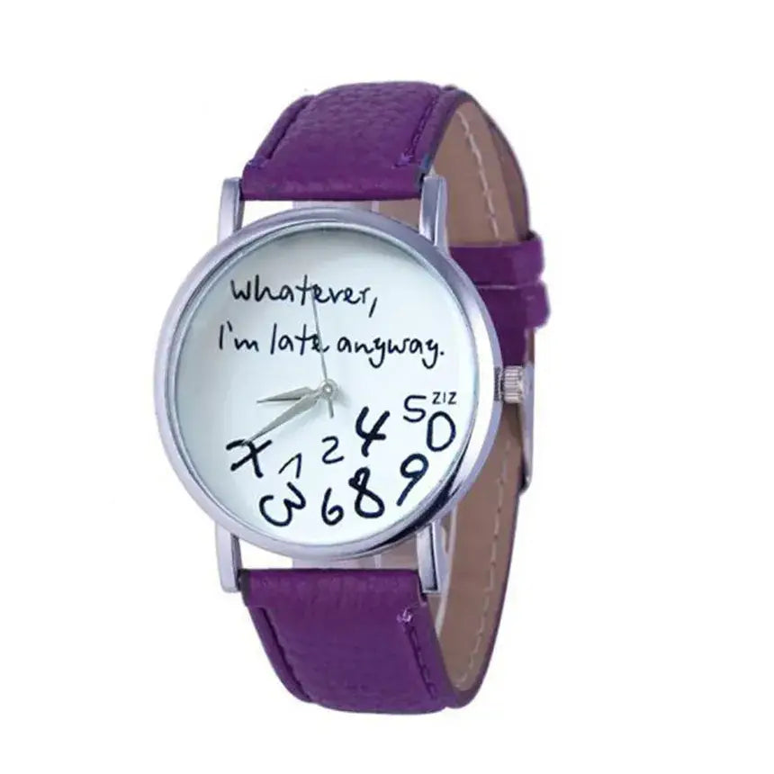 Purple leather strap women watch with a white face featuring handwritten text and stylized numbers from the Funny Quote collection.