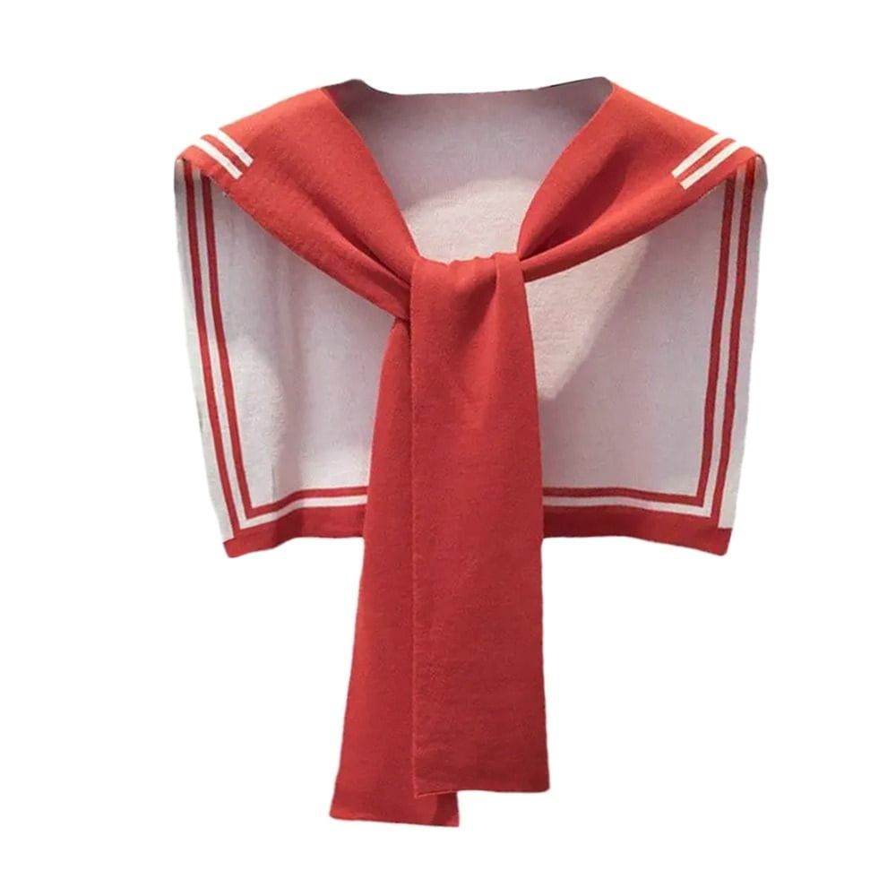 Strickschal mit Stehkragen im Matrosenstil als Fake-Kragenpullover in Rot und Weiß mit doppelten Streifen entlang der Kanten und einem geknoteten Frontdesign