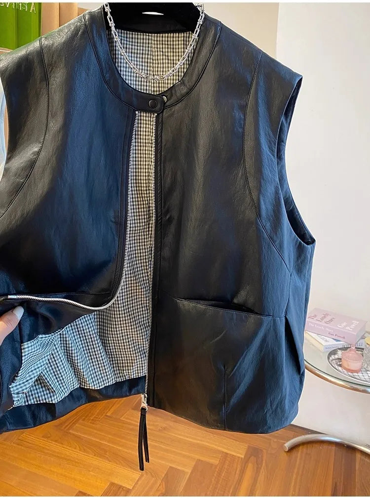 Pu Leather Vest Women's Spring And Autumn Loose Sleeveless Vests Waistcoat Tops Casual Women Coat