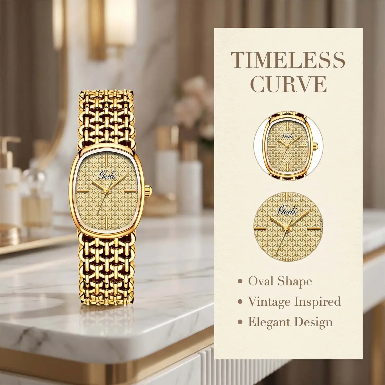 Gold-toned Gedi elegant quartz women’s watch with an oval face and intricate vintage-inspired mesh bracelet.