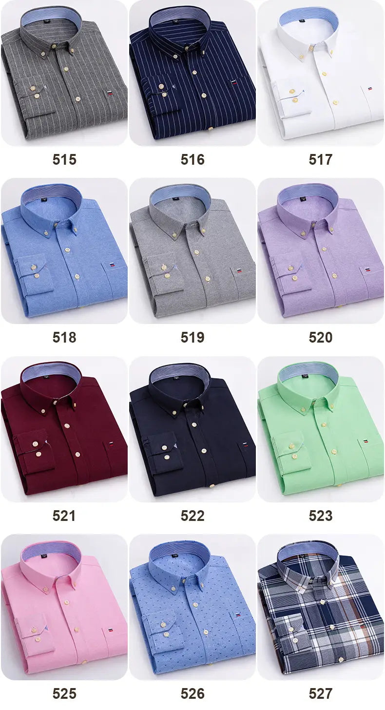 Collection de chemises habillées Oxford en coton 100 % pour hommes, coupe slim, à manches longues et boutonnées, dans diverses couleurs unies et à motifs, y compris rayures, pois et carreaux.