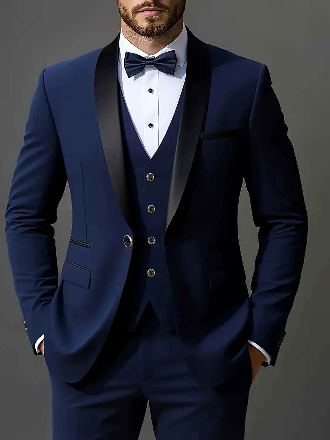 Smoking homme slim fit en bleu marine avec revers en satin noir et gilet assorti, présentant un type de fermeture simple.