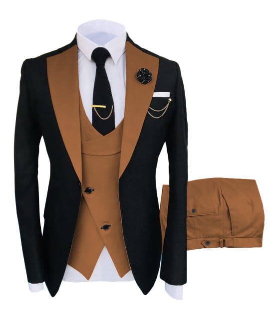 black and tan slim fit two-piece tuxedo suit with satin lapels matching vest and trousers featuring button closure type ideal for business and wedding occasions happy shopping