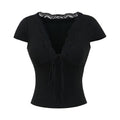 Chic V Neck Slim Crop Tops Short Sleeve Sweet Bottoming T-shirt Lace Elastic Camisole Streetwear women's t-shirts and polos