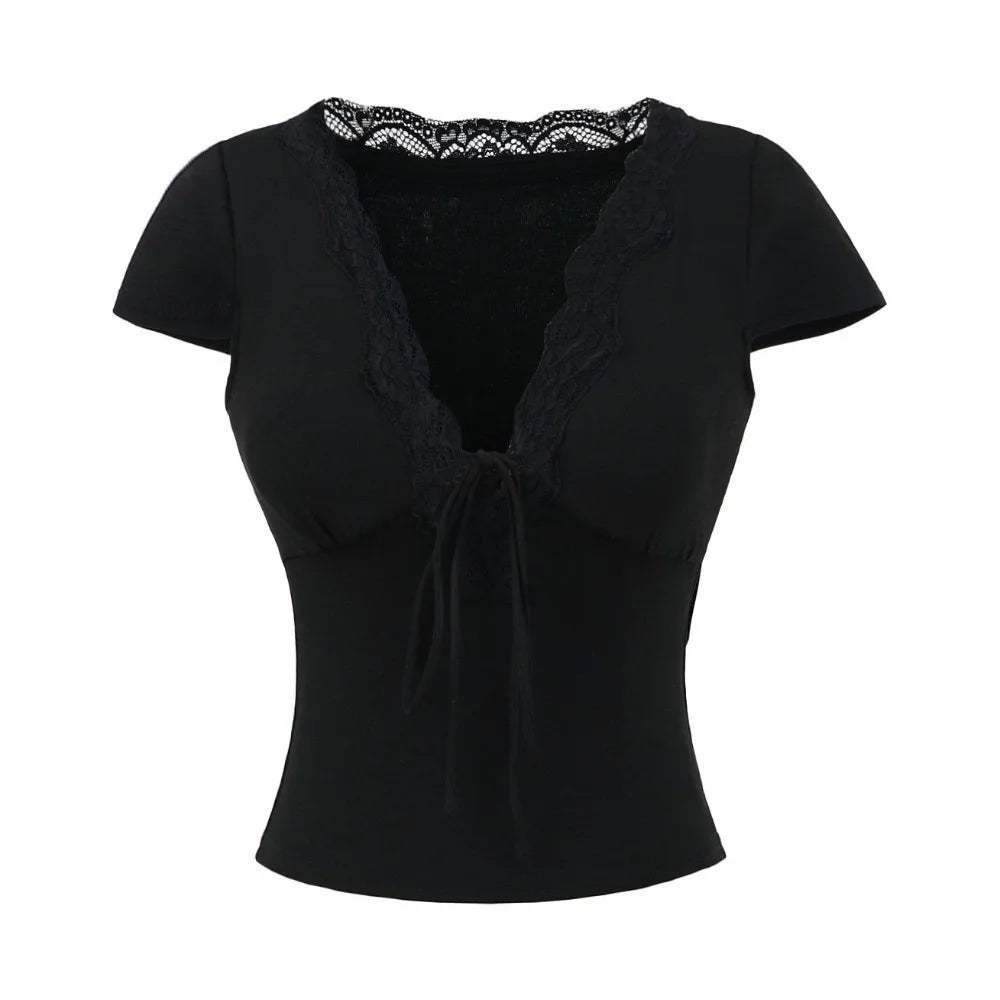 Chic V Neck Slim Crop Tops Short Sleeve Sweet Bottoming T-shirt Lace Elastic Camisole Streetwear women's t-shirts and polos