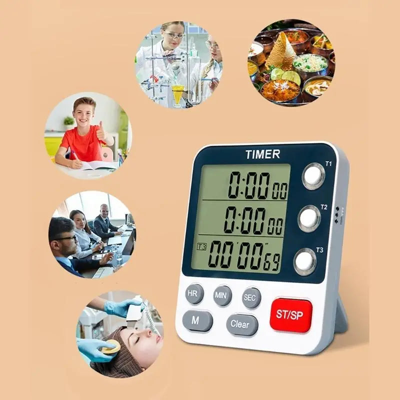 Weißer und grauer digitaler Küchen-Timer mit drei Kanälen und lauter Alarmfunktion; schwarze Anzeigefläche mit drei Zeitzonen und Tasten, beschriftet mit hr, min, sec, m, clear, st/sp, sowie drei kreisförmigen Reglern zur Einstellung der Timer