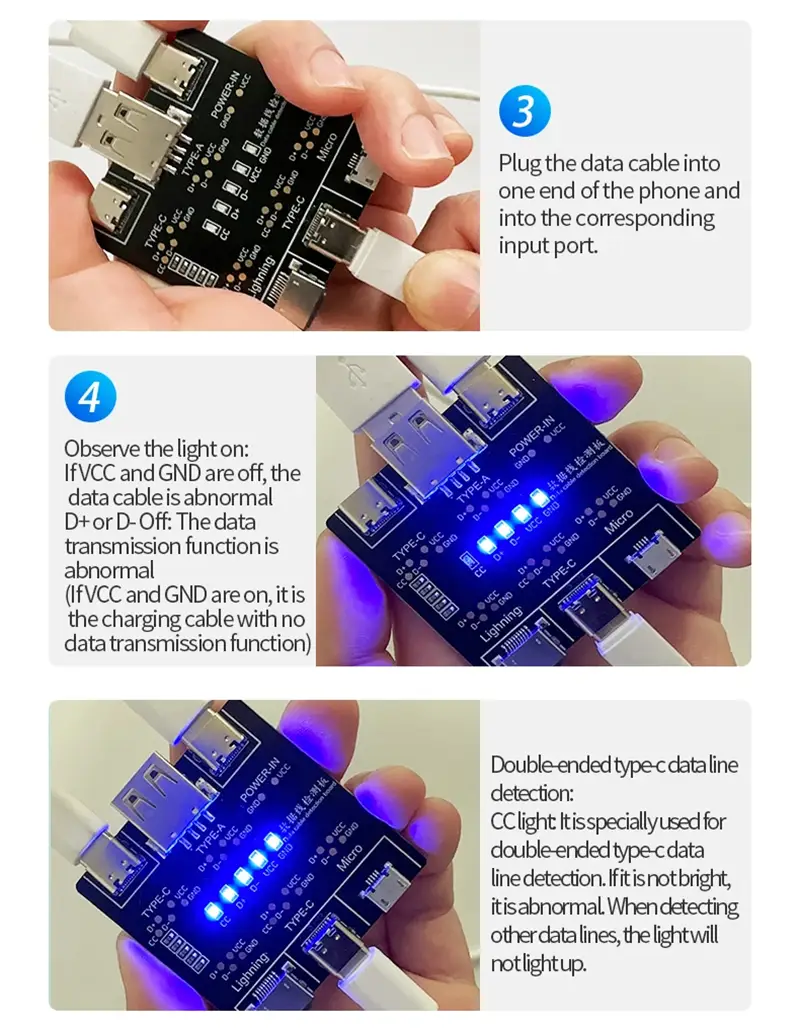 Schwarze Leiterplatte mit mehreren USB-Anschlüssen und blauen LED-Anzeigen für den Datenübertragungsstatus in der dt3-Datenkabel-Erkennungsplatine für iOS und Android modname=ckeditor