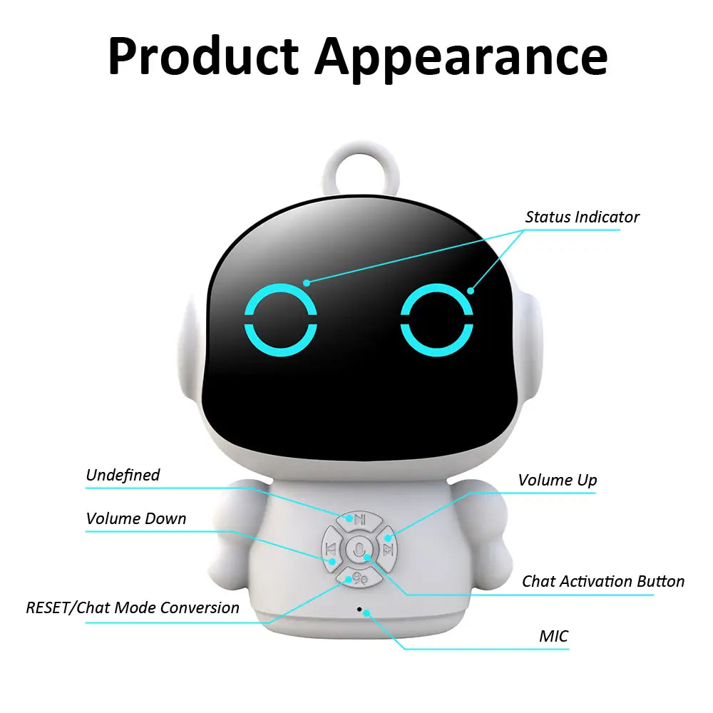 Altavoz inteligente blanco con forma de robot, con rostro negro y ojos circulares cyan luminosos, con un panel de control central diseñado para el modo de chat y compatible con la aplicación Smart Life, en el juguete de robot inteligente con IA para niños.