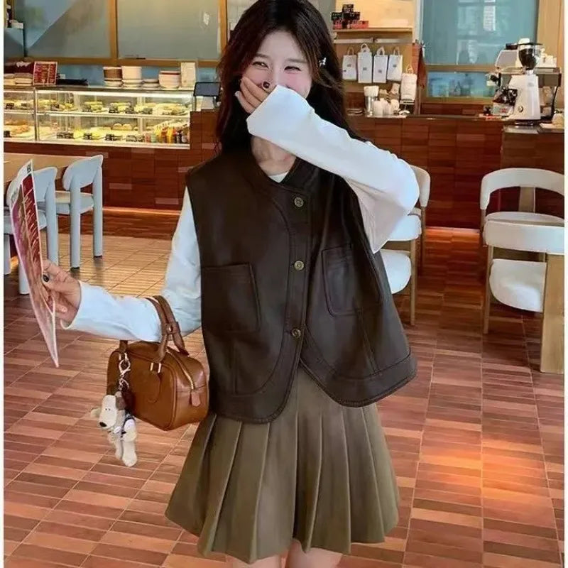 Short Leather Vest Jacket for Women Spring Autumn Super Popular European Retro