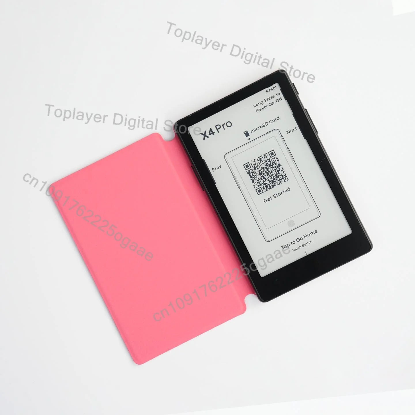 black kindle x4 pro e-reader with a pink protective case beside the official original magnetic charging dock for xteink x4 pro.