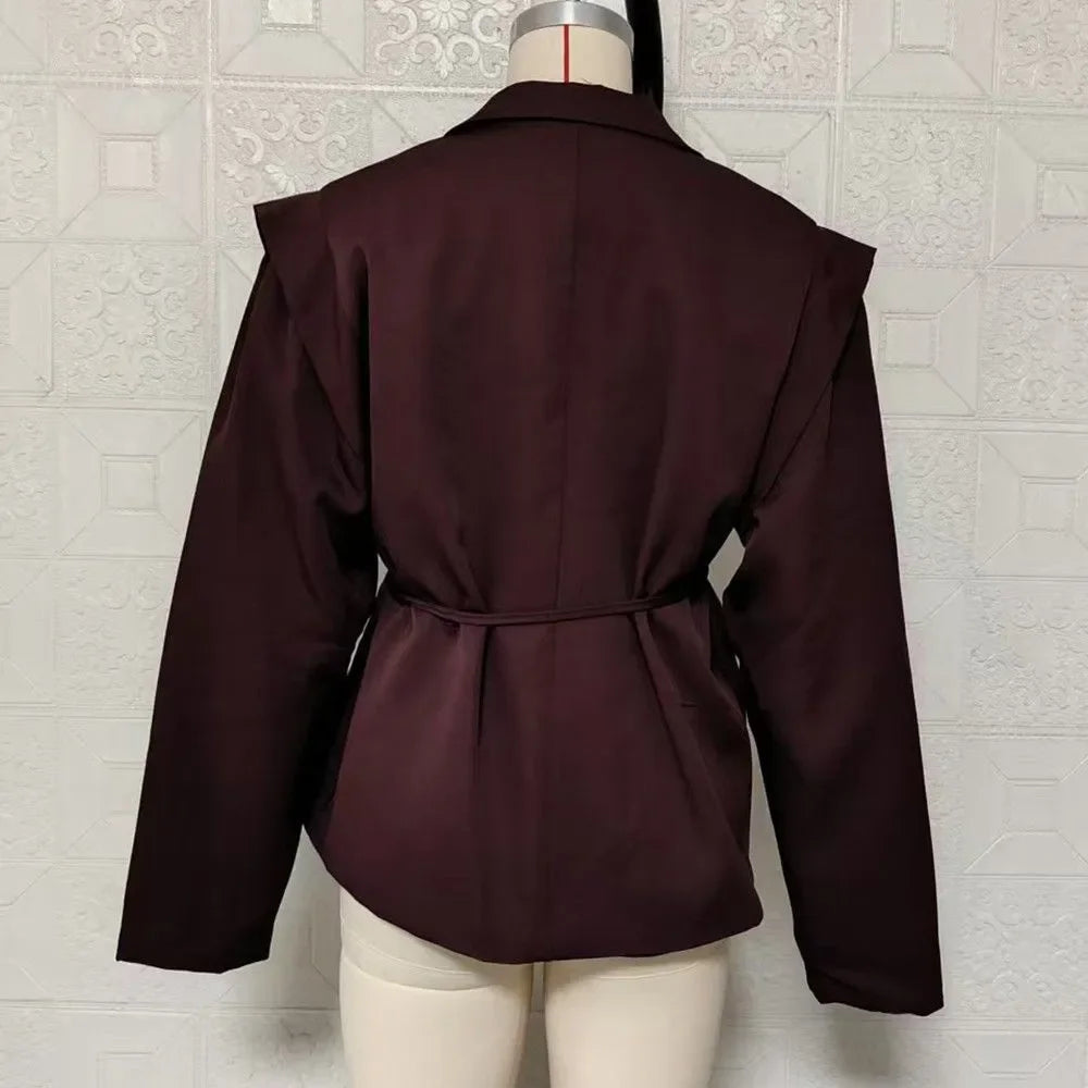 Women Belted Waist Blazer Jacket Padded Shoulder Lapel Collar Suit Coat  Autumn Office Elegant Formal Casual Workwear Outfit