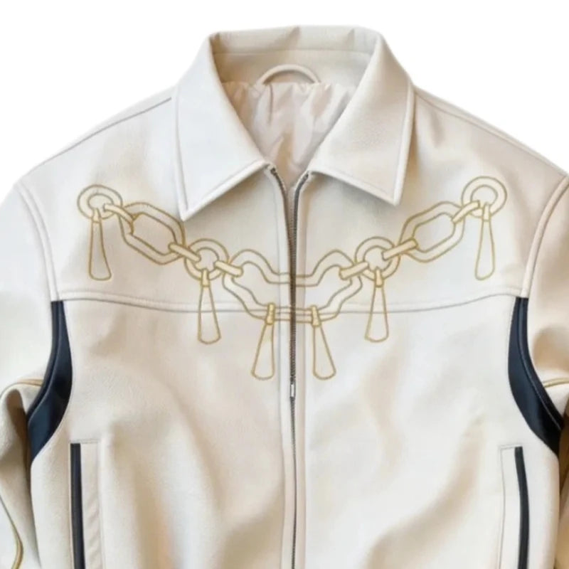 Mens PU Leather Jacket Embroidery Motorcycle Coat Harajuku Unisex Cropped Lapel Collar Vintage Streetwear Casual Fashion Trend