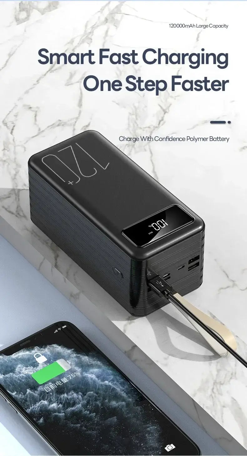 Black rectangular portable power bank with a 12000mah capacity, digital display, multiple USB ports, and 66w fast charging capability.