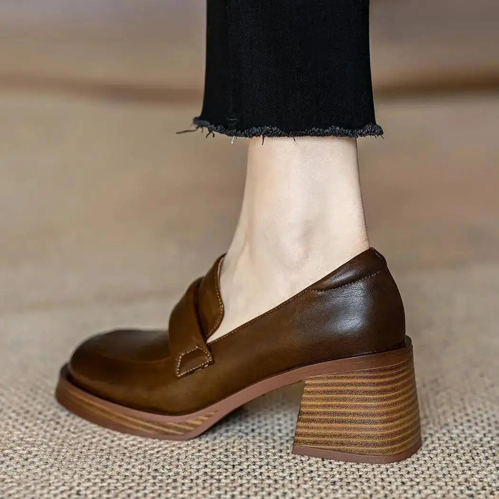 Women's Mid Heel Shoes 2025 New Leather Chunky Heel Loafers Thick-Soled French Minimalist Square Toe High Heel Office Shoes