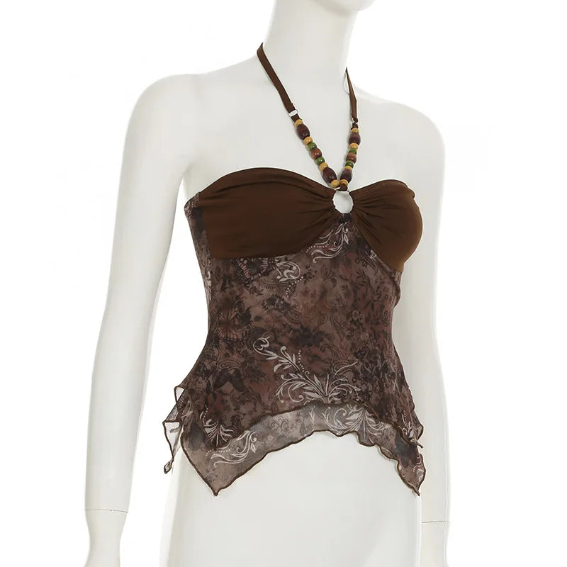 Retro Ethnic Beaded Folded Neck Backless Slim Fit Strap Vest Cross Border European And American Style Forest System