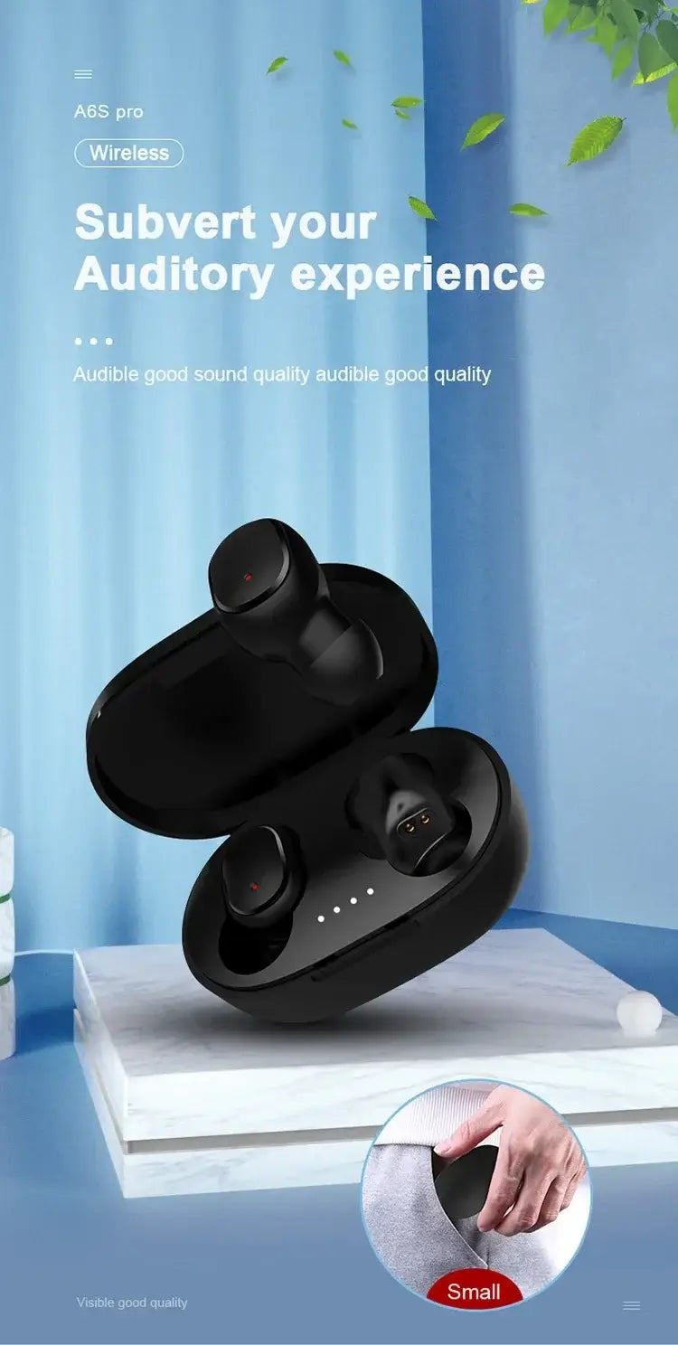 Schwarze A6S Pro kabellose Bluetooth-Ohrhörer mit Touch-Steuerung in einem eleganten, glänzenden Ladeetui mit minimalistischem Design zur Verwendung als Sport-Headset