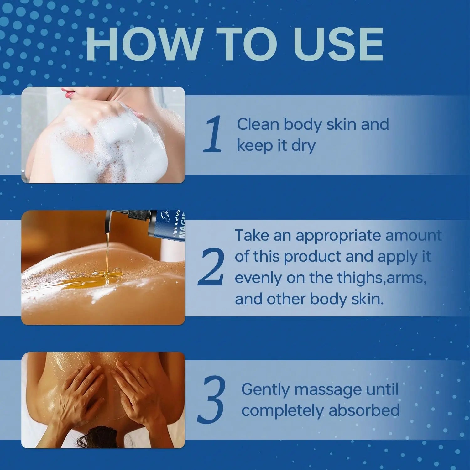 Eine blaue Flasche mit schwarzem Deckel, beschriftet mit Dove Body Wash, die goldene Flüssigkeit auf die Haut abgibt – für ein Magnesium-Ätheröl, das die Geschmeidigkeit der Haut erhöht und die Muskelentspannung unterstützt