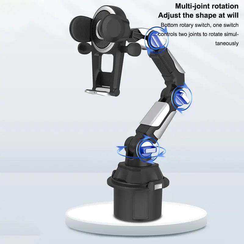 Black and silver multi-joint car phone mount with 360 adjustable arms for flexible hands free positioning in vehicle.