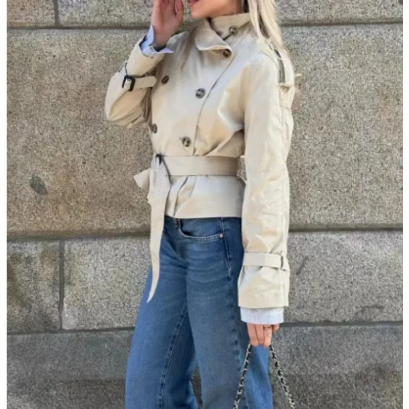 2025 Fashion Double-breasted Design Waist Cropped Trench Coat Jacket Women Elegant High Neck Long Sleeved Lady Commute Outwear