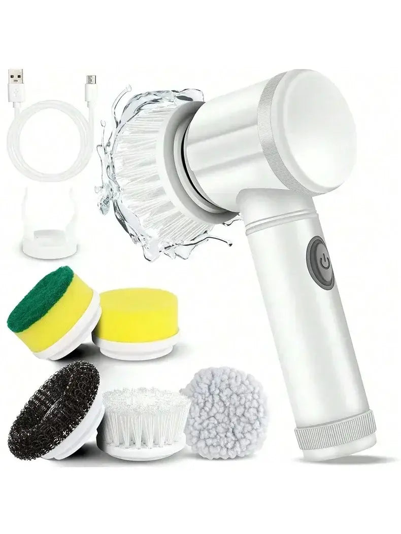 Brosse de nettoyage électrique à rotation sans fil blanche avec cinq têtes de récurage interchangeables et câble de chargement USB, pour des tâches de nettoyage domestique polyvalentes.