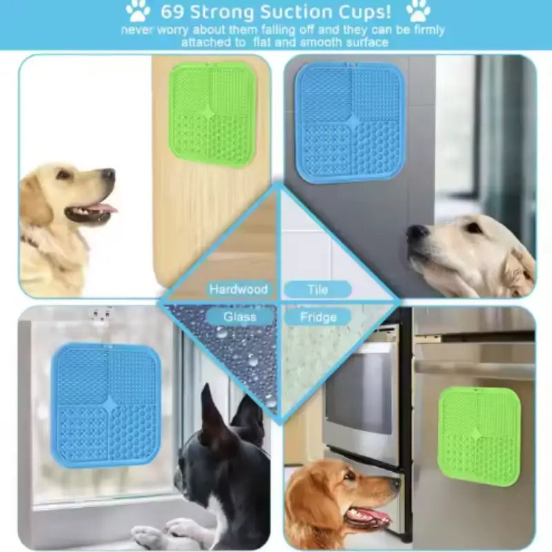 Bright green and blue slow feeder pet lick silicone mats with textured surfaces for scratching and licking.
