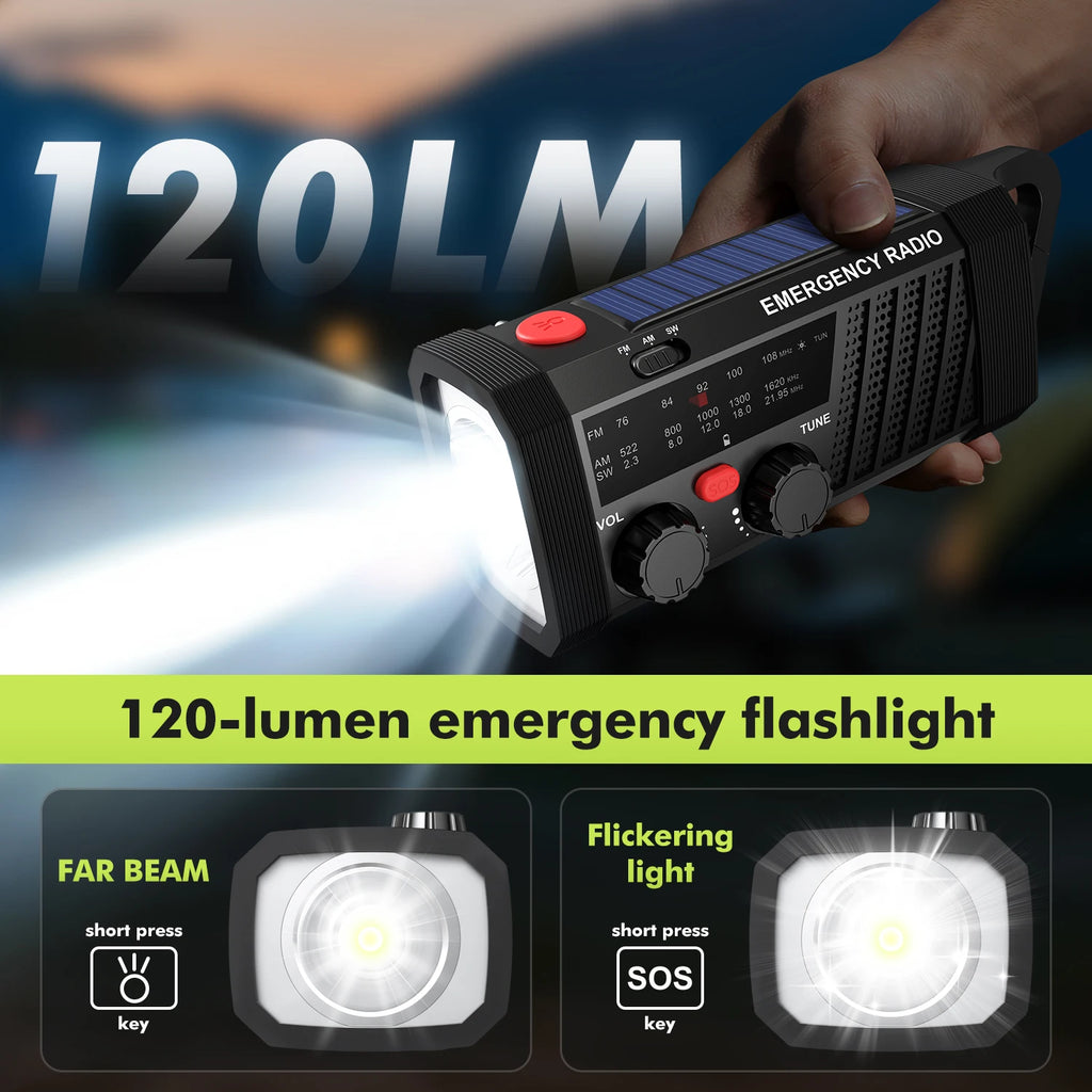 Emergency Radio with SOS Alarm, AM/FM/SW & Flashlight. 2000mAh Battery & Solar/Hand Crank Charging for Outdoor Survival.