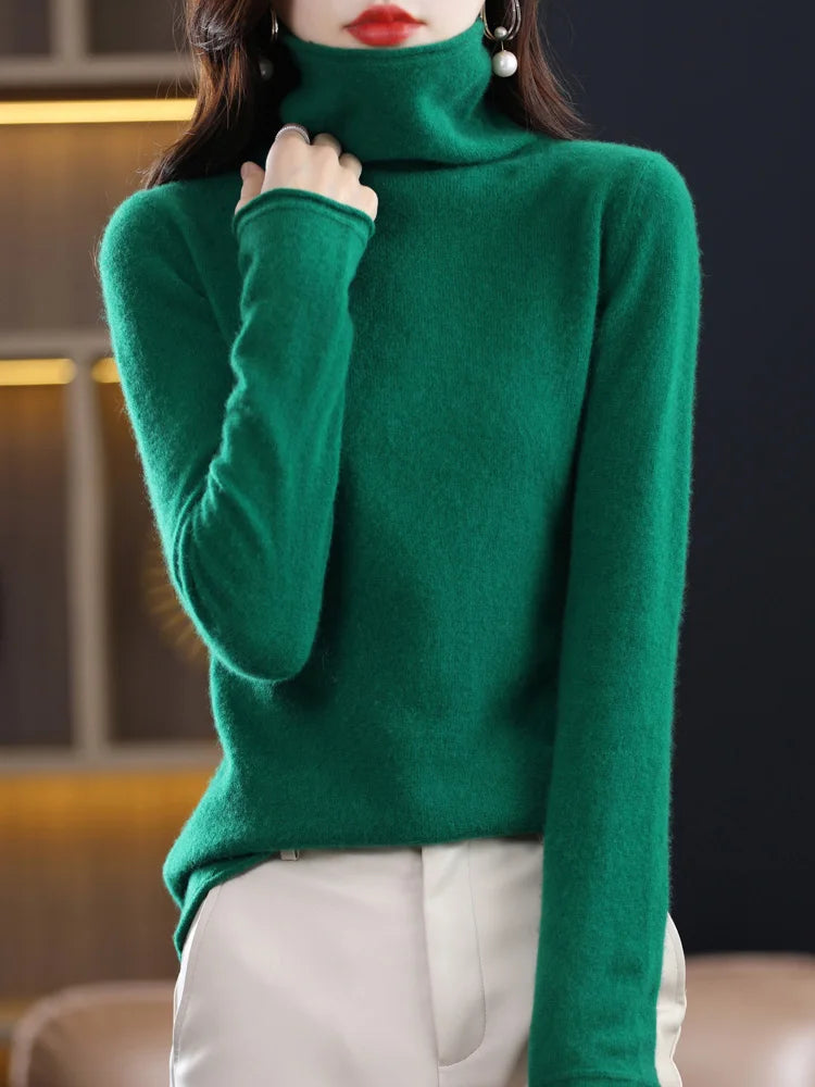 Women's 100% Merino Wool Sweater Autumn Winter Fashion Pile Collar Pullover Cashmere Sweater Casual Long-sleeved Knitted Tops