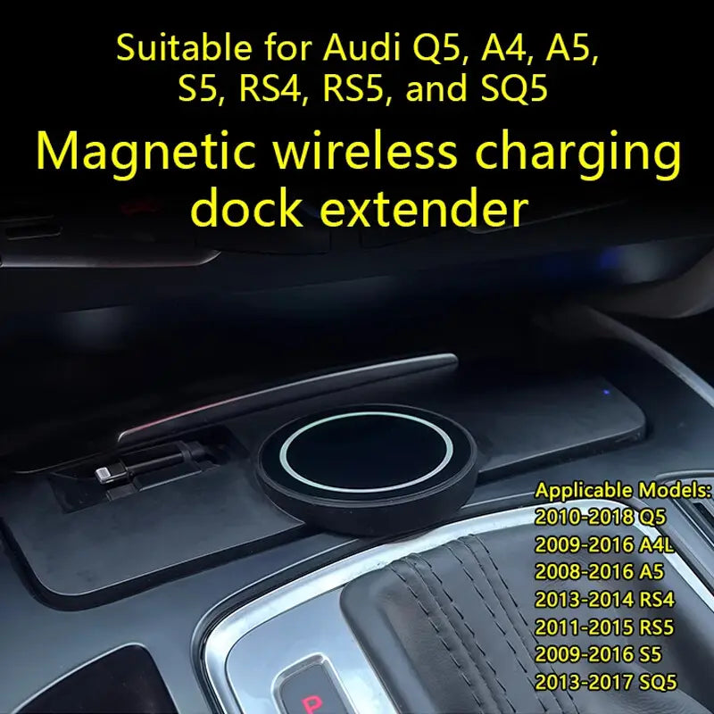 Erweiterung für eine schwarze, runde magnetische kabellose Lade-Dockingstation für Audi-Fahrzeuge, ausgelegt für die Modelle Audi Q5 und A4L